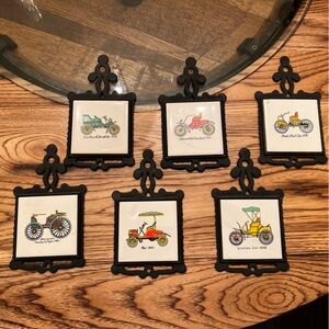 6 VTG Cast Iron and Ceramic Tile Antique Automobile Kitchen Trivets Decor Taiwan